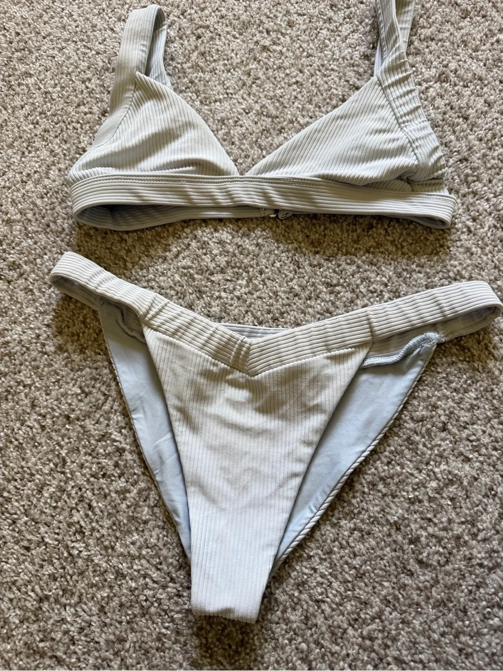 Frankie's Bikinis Ribbed Triangle Set in Light Gray Blue